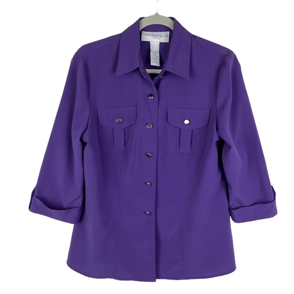 Sag Harbor Purple 3/4 Roll‎ Tab Sleeve Button Down Blouse Women's 8